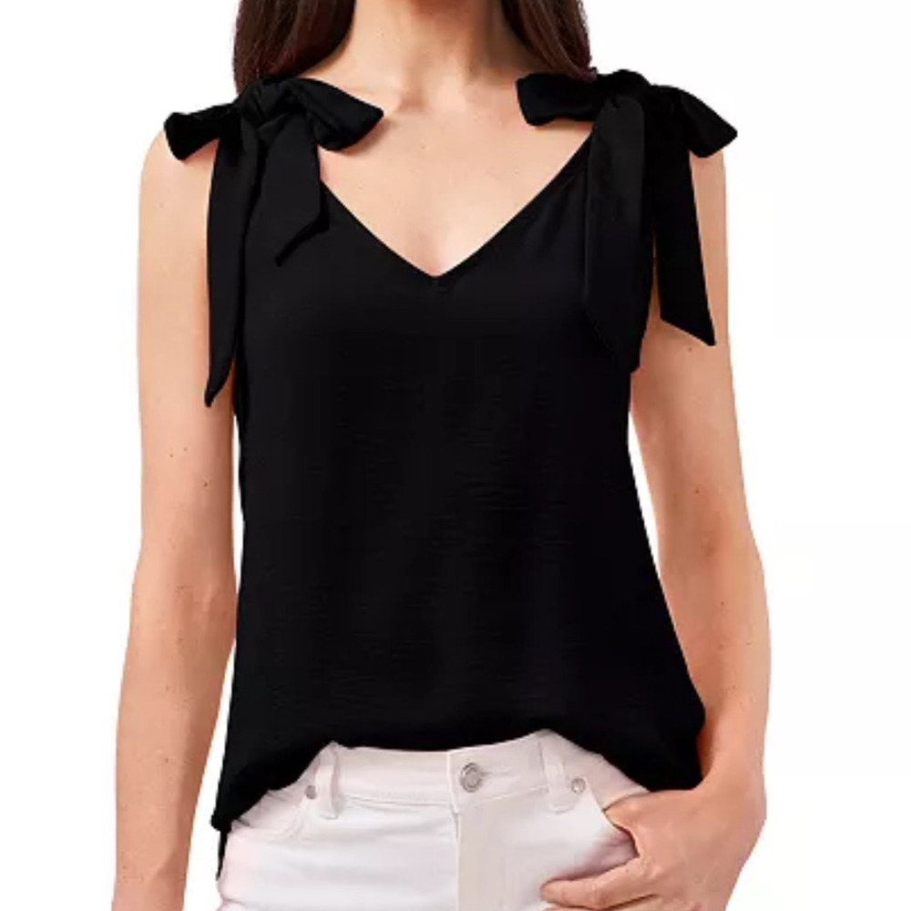 CeCe Tank Top Small Womens Bow Strap V-Neck Minimalist Coquette Chic Rayon Black